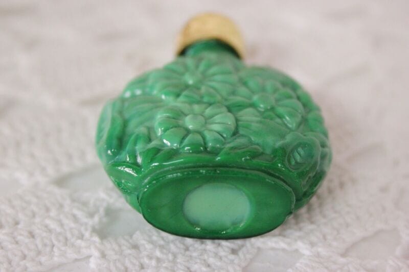 Boccetta porta profumo vintage in vetro verde per signora da borsetta collezione Sheffield & Argento