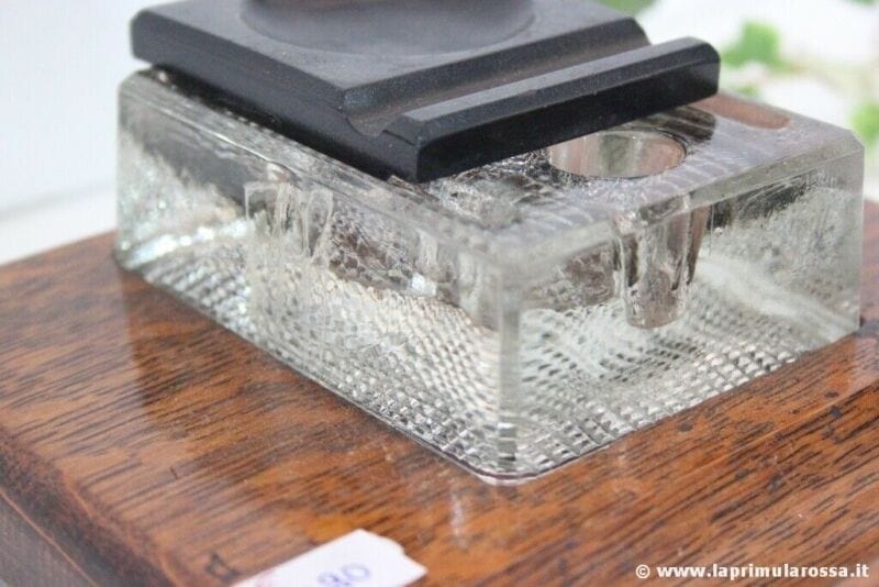CALAMAIO ANTICO IN VETRO BASE LEGNO DA SCRIVANIA - VINTAGE WOODEN GLASS INKWELL Complementi d'arredo