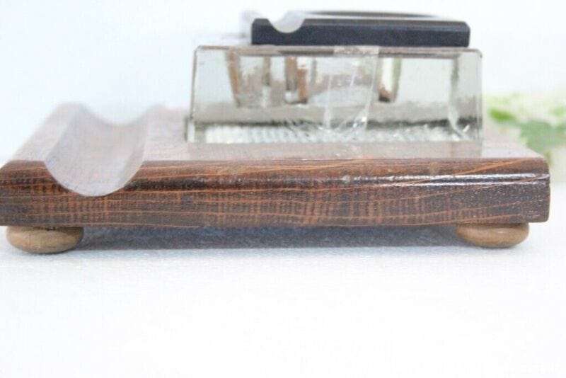 CALAMAIO ANTICO IN VETRO BASE LEGNO DA SCRIVANIA - VINTAGE WOODEN GLASS INKWELL Complementi d'arredo