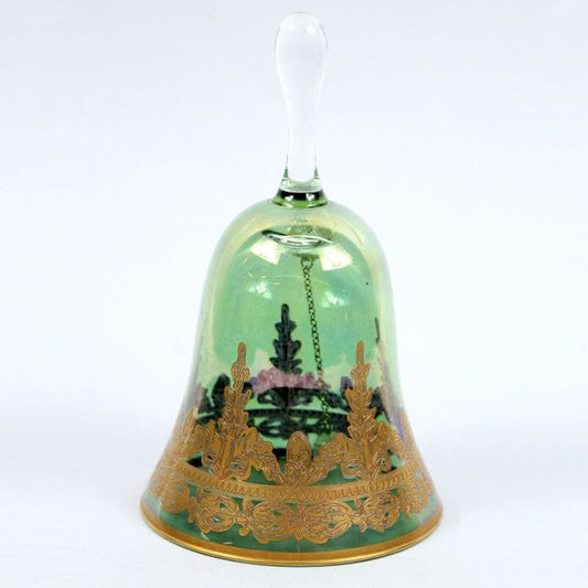 Campanella vintage in vetro campana decorativa da tavolo verde e decoro oro Campane - Campanelle