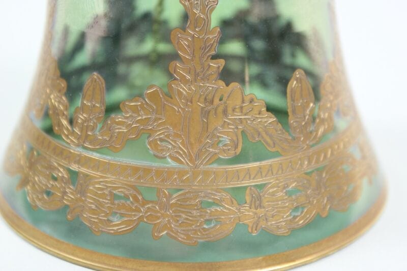Campanella vintage in vetro campana decorativa da tavolo verde e decoro oro Campane - Campanelle
