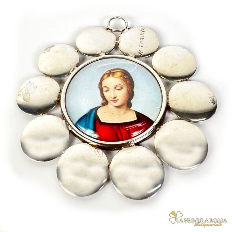 Capoculla  in Argento 800 Antico con Madonna Medaglione da culla in miniatura Oggetti sacri - rosari