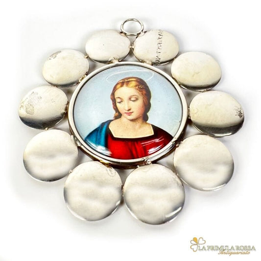 Capoculla  in Argento 800 Antico con Madonna Medaglione da culla in miniatura Oggetti sacri - rosari