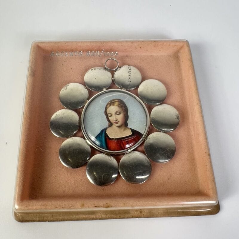 Capoculla  in Argento 800 Antico con Madonna Medaglione da culla in miniatura Oggetti sacri - rosari