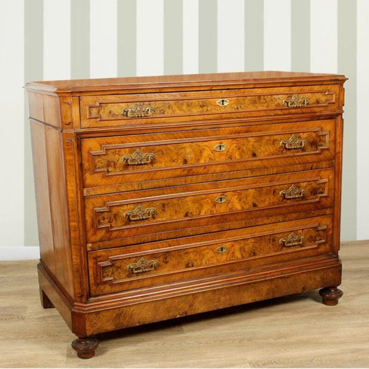 Comò cassettone antico mobile in legno cassettiera noce chiaro e radica fine 800 Arredamento