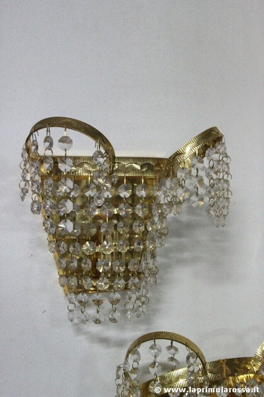 COPPIA  APPLIQUE IN METALLO DORATO E CRISTALLI  VINTAGE ITALIAN WALL SCONES Lampade Appliques