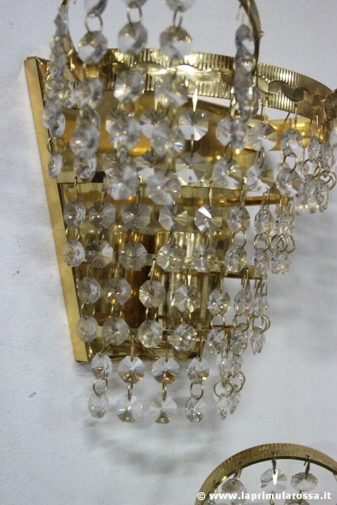 COPPIA  APPLIQUE IN METALLO DORATO E CRISTALLI  VINTAGE ITALIAN WALL SCONES Lampade Appliques