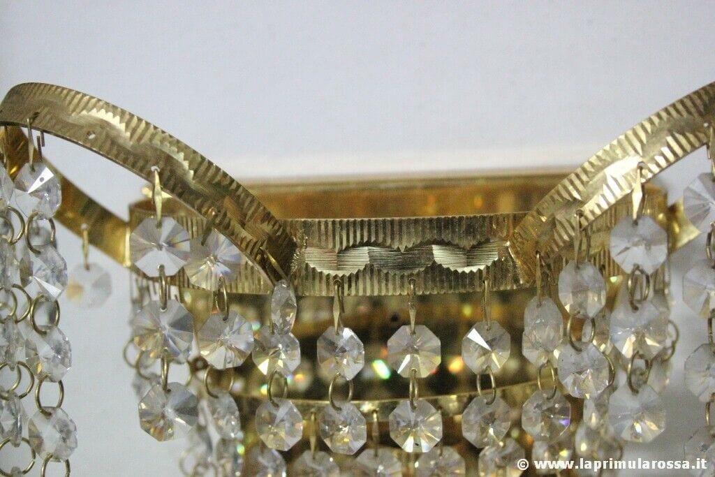 COPPIA  APPLIQUE IN METALLO DORATO E CRISTALLI  VINTAGE ITALIAN WALL SCONES Lampade Appliques