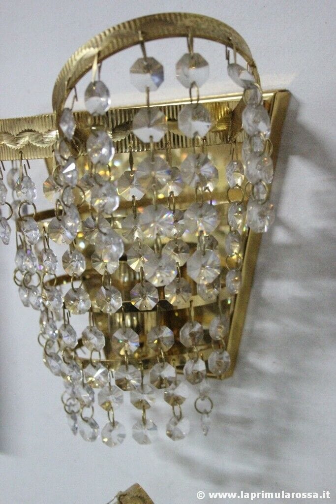 COPPIA  APPLIQUE IN METALLO DORATO E CRISTALLI  VINTAGE ITALIAN WALL SCONES Lampade Appliques