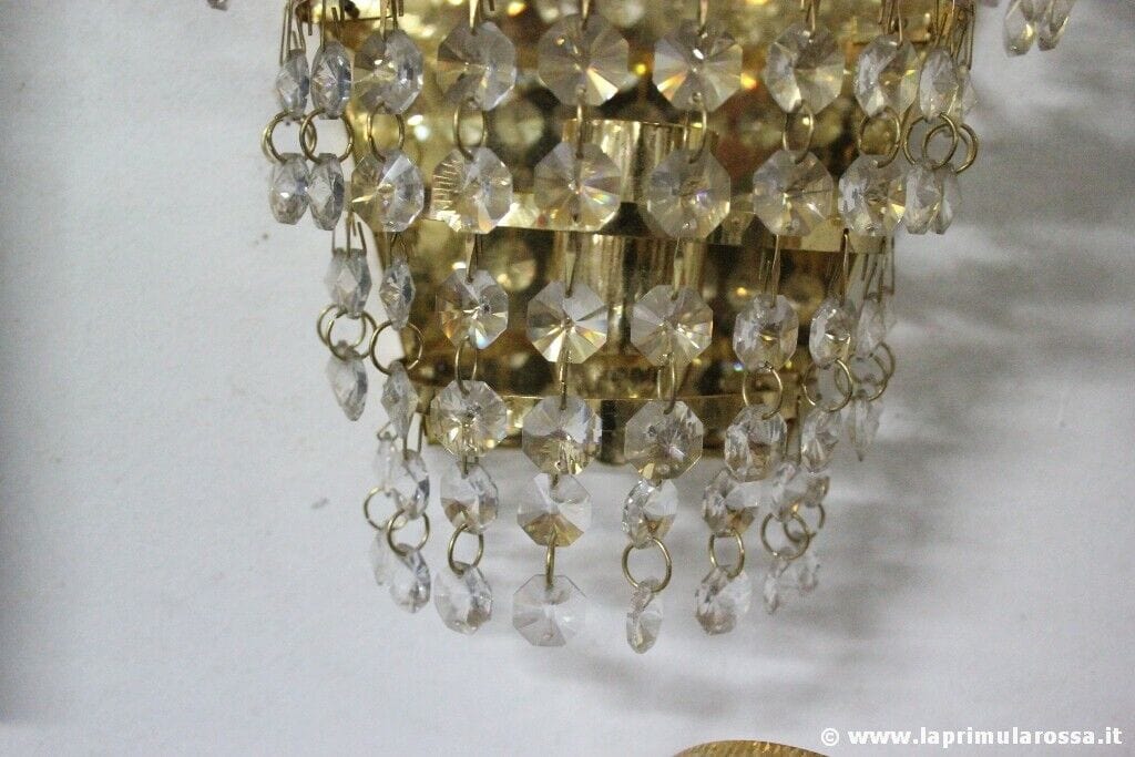 COPPIA  APPLIQUE IN METALLO DORATO E CRISTALLI  VINTAGE ITALIAN WALL SCONES Lampade Appliques
