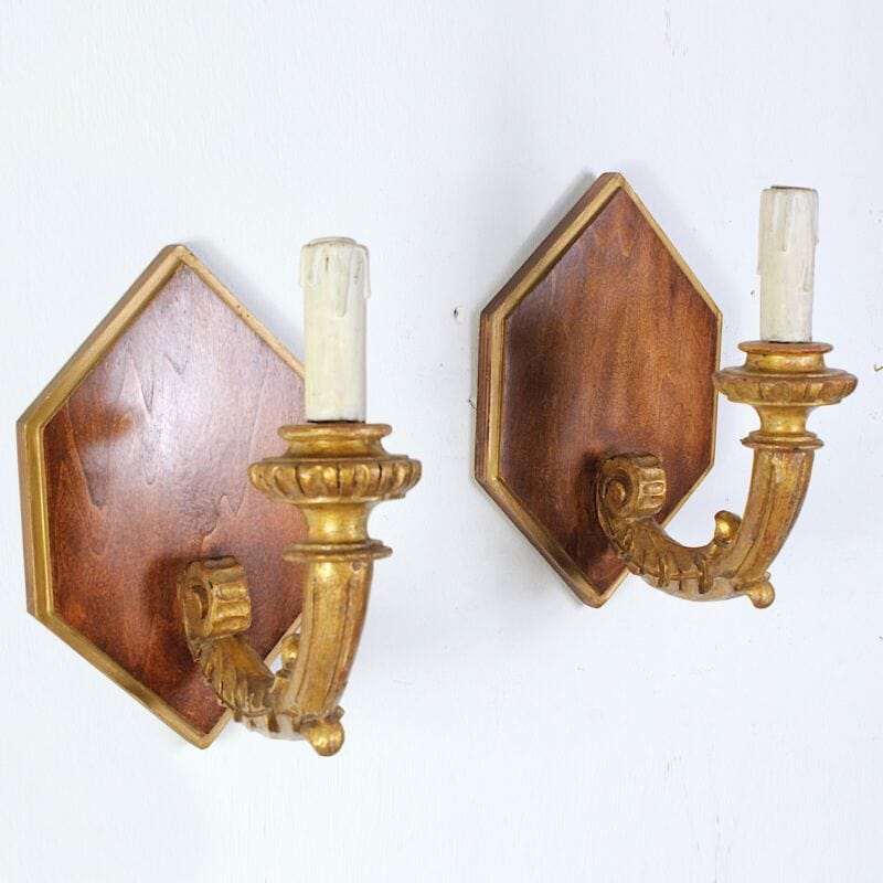 Coppia Applique vintage antichi in legno e oro lampada da parete luci candele Lampade Appliques
