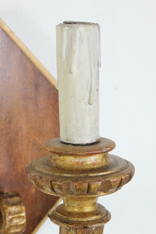 Coppia Applique vintage antichi in legno e oro lampada da parete luci candele Lampade Appliques