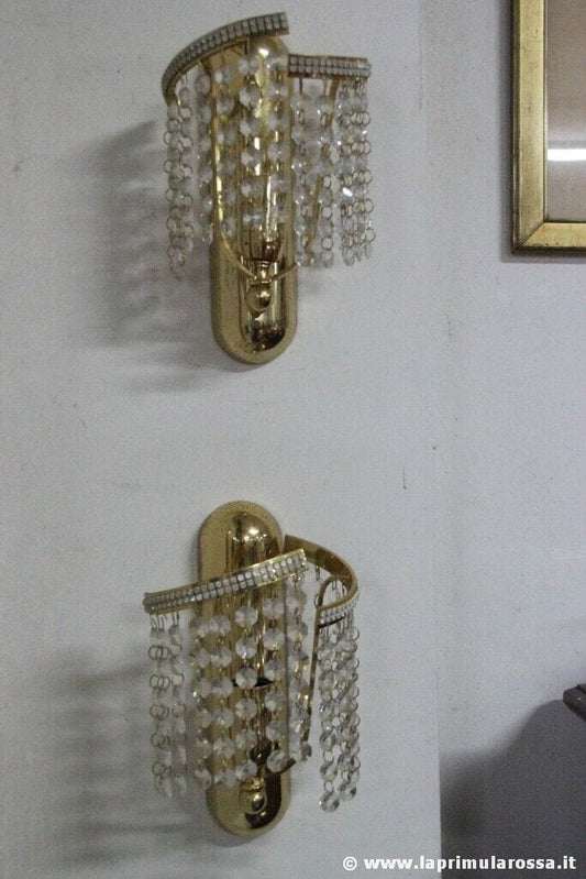 COPPIA DI APPLIQUE VINTAGE A UNA LUCE IN METALLO DORATO E CRISTALLI SWAROVSKI Lampade Appliques
