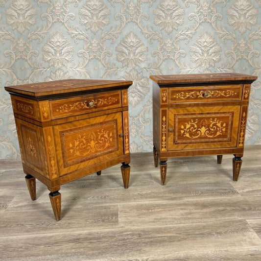 Coppia di Comodini antichi in stile LUIGI XVI 900 mobiletti legno intarsiato Arredamento