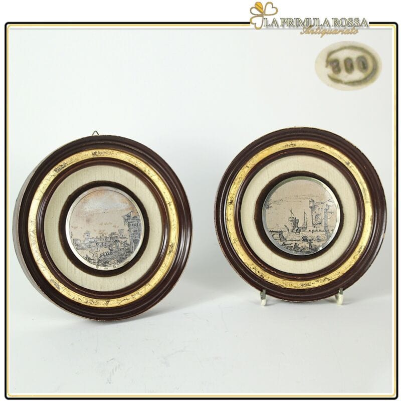 Coppia di quadri quadretti incisione su argento 800 in miniatura vintage rotondi Quadri