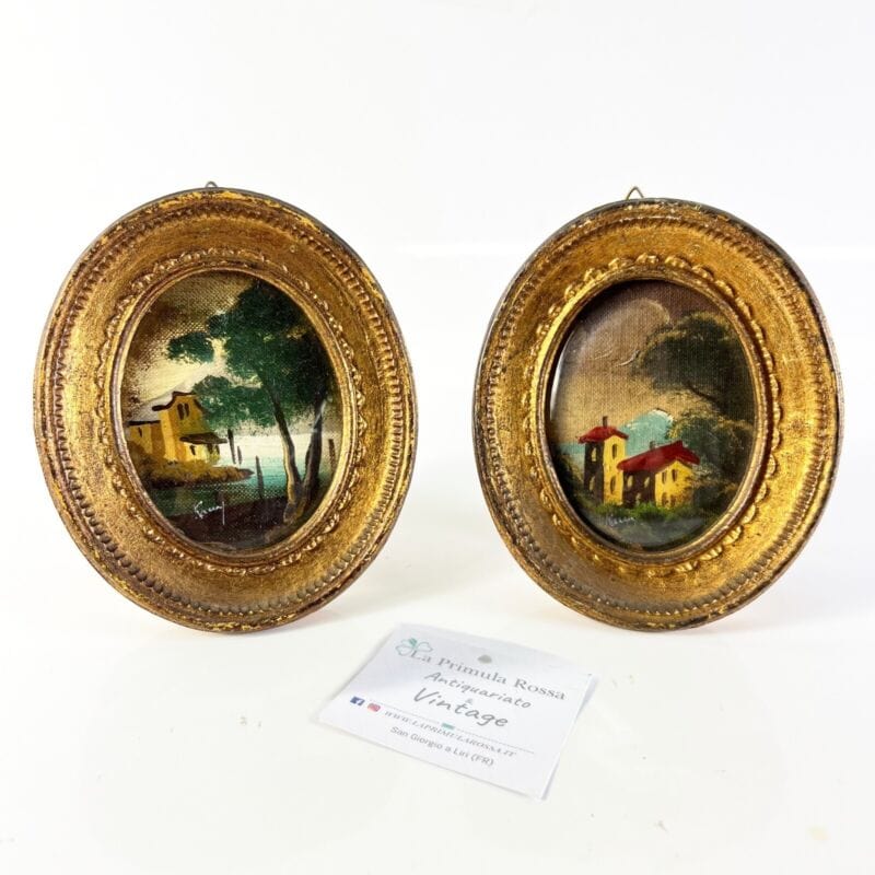 Coppia quadretti antichi miniature ovali dipinti paesaggio cornici legno dorato Quadri