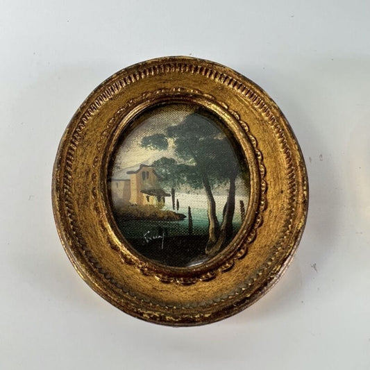 Coppia quadretti antichi miniature ovali dipinti paesaggio cornici legno dorato Quadri