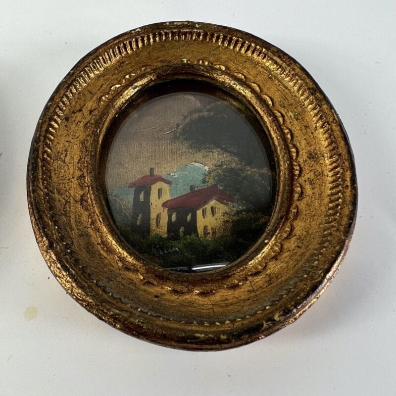 Coppia quadretti antichi miniature ovali dipinti paesaggio cornici legno dorato Quadri