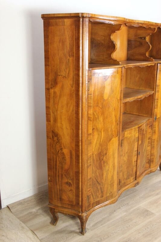 Credenza antica vintage mobile libreria anni 50 in legno radica chiara di noce Arredamento