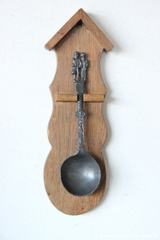 CUCCHIAIO PELTRO D'EPOCA  DA PARETE CON BASE LEGNO VINTAGE PEWTER SOUP SPOON Sheffield & Argento