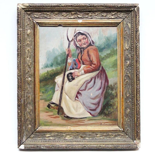 Dipinto antico olio ritratto di donna quadro pittura anziana contadina cornice Stampe e Incisioni