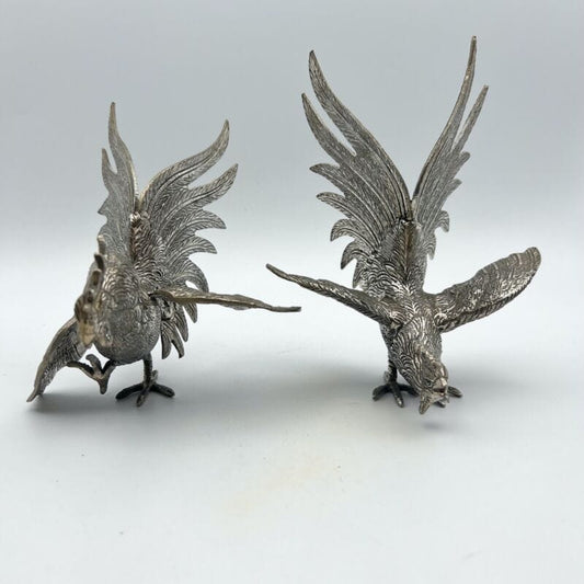 Galli da Combattimento Scultura in metallo argentato di galletti Vintage Liberty Ottone