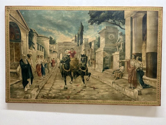 Grande Quadro stile antico dipinto a ad olio su tela stampa Napoli scena Pompei Quadri