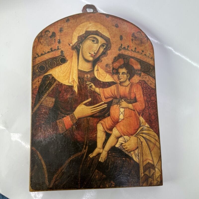 Icona antica religiosa sacra in legno Madonna di San Bernardino con Bambino Oggetti sacri - rosari