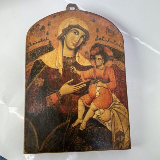 Icona antica religiosa sacra in legno Madonna di San Bernardino con Bambino Oggetti sacri - rosari