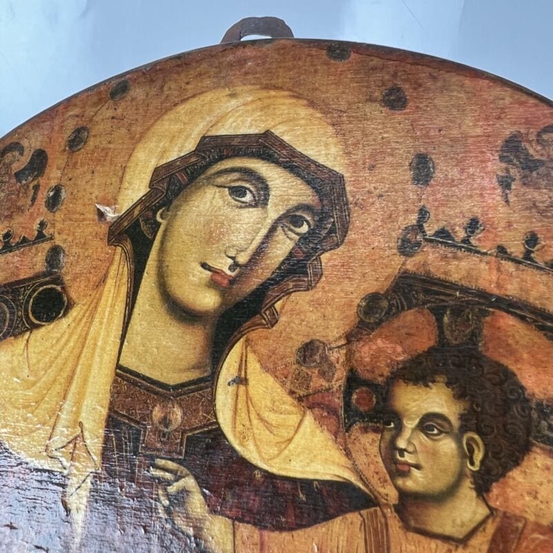Icona antica religiosa sacra in legno Madonna di San Bernardino con Bambino Oggetti sacri - rosari