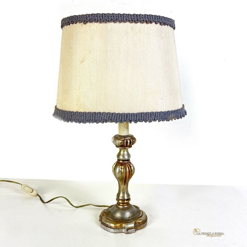 Lampada antica da tavolo vintage Abatjour argento Lume in legno con paralume Lampade Appliques