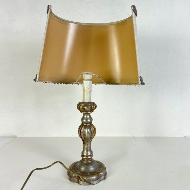 Lampada antica da tavolo vintage Abatjour argento Lume in legno con paralume Lampade Appliques