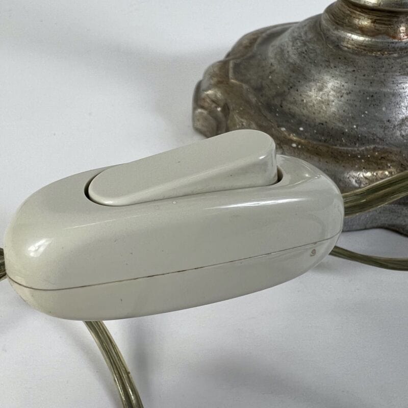 Lampada antica da tavolo vintage Abatjour argento Lume in legno con paralume Lampade Appliques