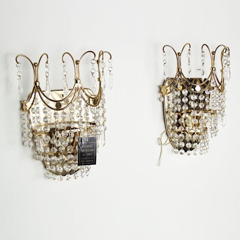 LAMPADA DA PARETE APPLIQUE SWAROVSKI PLACCA IN ORO CRISTALLI STRASS DUE LUCI Lampade Appliques