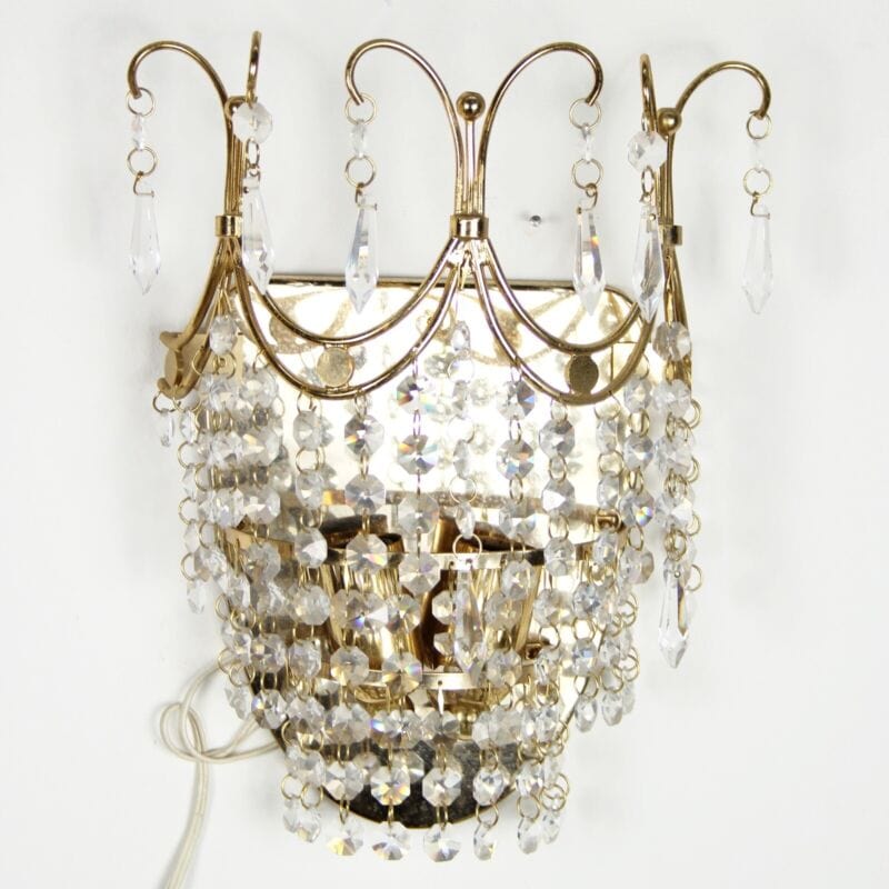 LAMPADA DA PARETE APPLIQUE SWAROVSKI PLACCA IN ORO CRISTALLI STRASS DUE LUCI Lampade Appliques