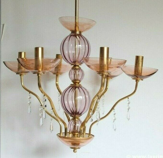 LAMPADARIO A SEI LUCI IN VETRO ROSA E AMETISTA ITALIAN VINTAGE GLASS CHANDELIER Lampade Appliques