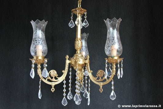 LAMPADARIO VINTAGE IN CRISTALLO  STRUTTURA METALLO DORATO  ITALIAN CHANDELIER Lampade Appliques