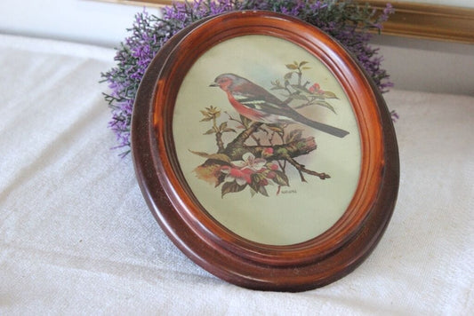 LITOGRAFIA VINTAGE CON CORNICE FINTO LEGNO DI FORMA OVALE CON UCCELLO SU RAMO Stampe e Incisioni