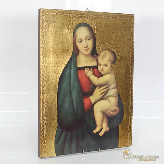 Madonna con bambino antica in legno e oro Icona litografia religiosa Raffaello Oggetti sacri - rosari