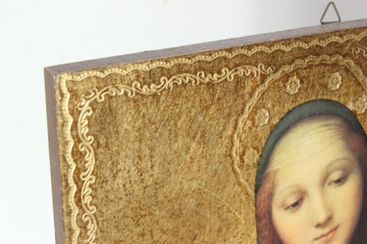 Madonna con bambino antica in legno e oro Icona litografia religiosa Raffaello Oggetti sacri - rosari