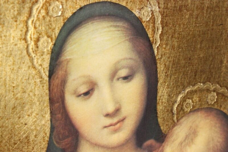 Madonna con bambino antica in legno e oro Icona litografia religiosa Raffaello Oggetti sacri - rosari