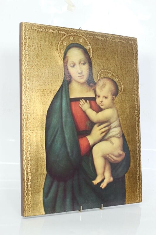Madonna con bambino antica in legno e oro Icona litografia religiosa Raffaello Oggetti sacri - rosari