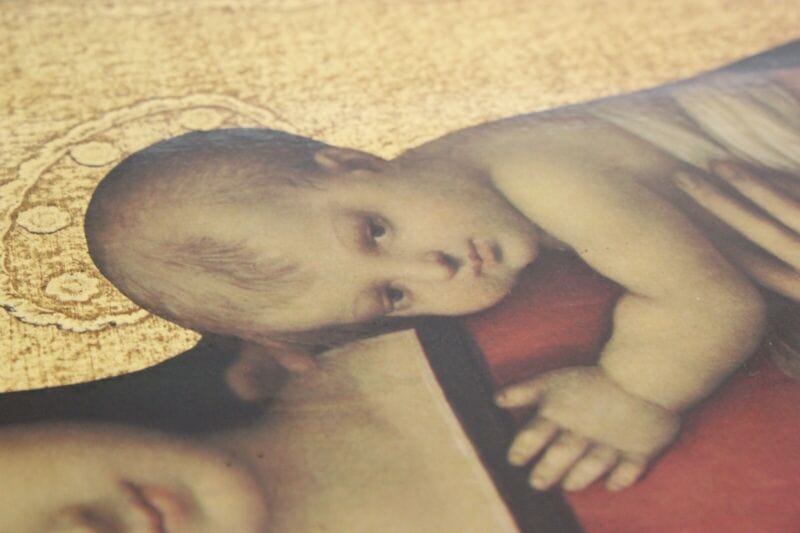 Madonna con bambino antica in legno e oro Icona litografia religiosa Raffaello Oggetti sacri - rosari