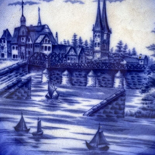 Piatto decorativo antico 800 originale inglese blu in ceramica da collezione Ceramiche e Porcellane