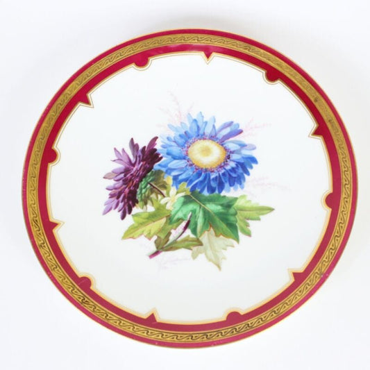 Piatto decorativo vintage in porcellana stile antico con fiori colorati e oro Ceramiche e Porcellane