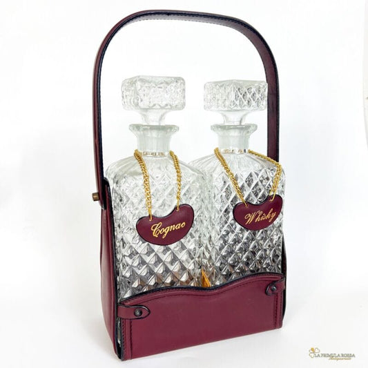 Porta bottiglie Liquore Vintage Whisky e Cognac Decanter Tantalus in Pelle Vetro Sheffield & Argento