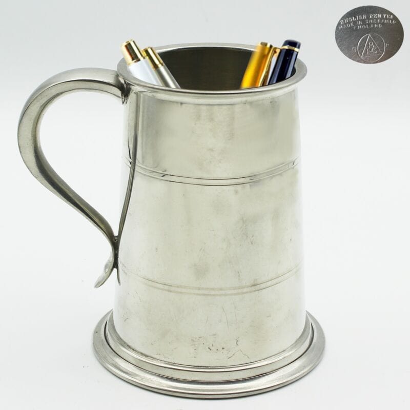 Portapenne da scrivania antico in metallo peltro boccale d'epoca 900 inglese Arc Sheffield & Argento