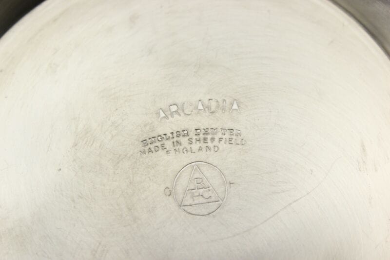 Portapenne da scrivania antico in metallo peltro boccale d'epoca 900 inglese Arc Sheffield & Argento