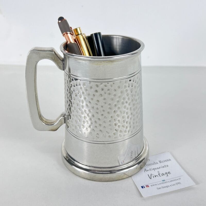 Portapenne da scrivania antico in metallo peltro boccale d'epoca 900 inglese Sheffield & Argento