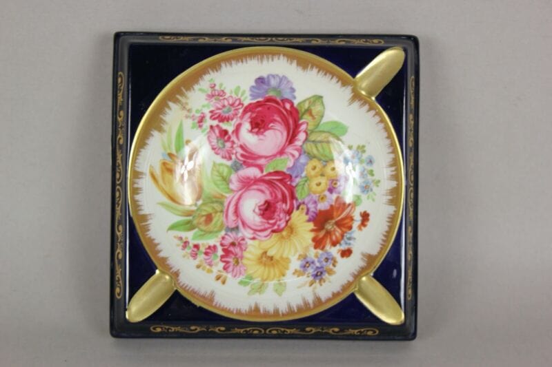 POSACENERE VINTAGE ELEGANTE ANTICO PORTACENERE SYLE SEVRES BLU COBALTO ORO ROSE Pubblicità vintage